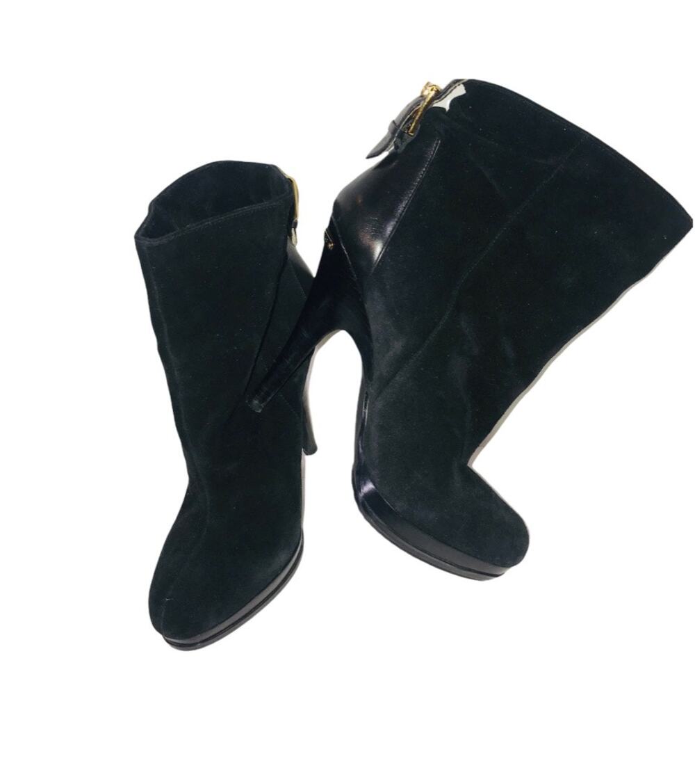 Michael Michael Kors 4 Inch Stiletto Heeled Black Suede Booties Gold Accent 9.5
